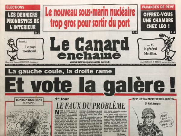 Couac ! | N° 3777 du Canard Enchaîné - 17 Mars 1993 | Nos Exemplaires du Canard Enchaîné sont archivés dans de bonnes conditions de conservation (obscurité, hygrométrie maitrisée et faible température), ce qui s'avère indispensable pour des journaux anciens. | 3777