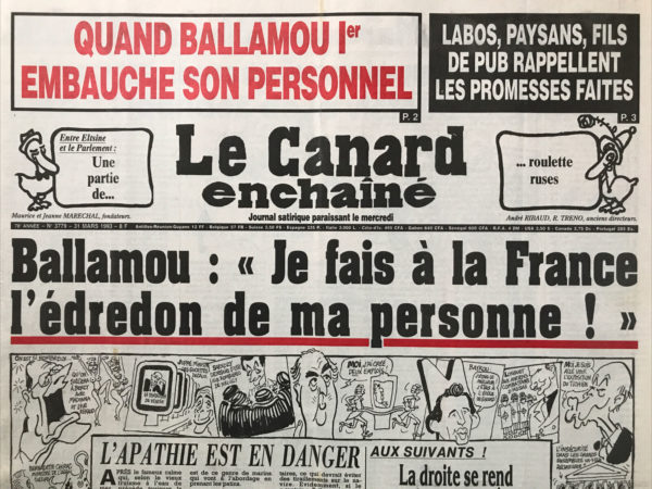 Couac ! | N° 3779 du Canard Enchaîné - 31 Mars 1993 | Nos Exemplaires du Canard Enchaîné sont archivés dans de bonnes conditions de conservation (obscurité, hygrométrie maitrisée et faible température), ce qui s'avère indispensable pour des journaux anciens. | 3779