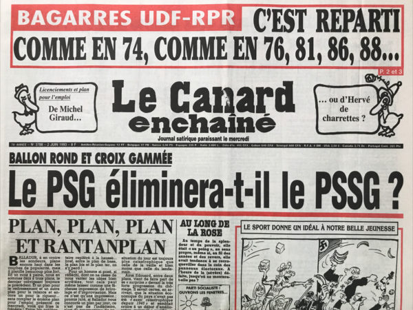 Couac ! | N° 3788 du Canard Enchaîné - 2 Juin 1993 | Nos Exemplaires du Canard Enchaîné sont archivés dans de bonnes conditions de conservation (obscurité, hygrométrie maitrisée et faible température), ce qui s'avère indispensable pour des journaux anciens. | 3788