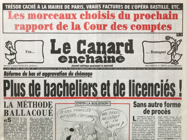 Couac ! | N° 3789 du Canard Enchaîné - 9 Juin 1993 | Nos Exemplaires du Canard Enchaîné sont archivés dans de bonnes conditions de conservation (obscurité, hygrométrie maitrisée et faible température), ce qui s'avère indispensable pour des journaux anciens. | 3789