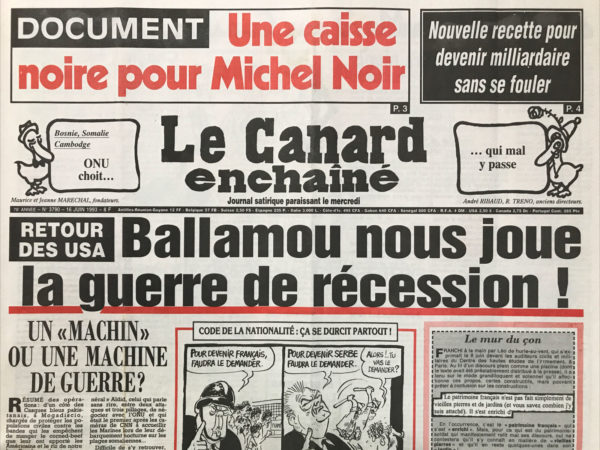 Couac ! | N° 3790 du Canard Enchaîné - 16 Juin 1993 | Nos Exemplaires du Canard Enchaîné sont archivés dans de bonnes conditions de conservation (obscurité, hygrométrie maitrisée et faible température), ce qui s'avère indispensable pour des journaux anciens. | 3790