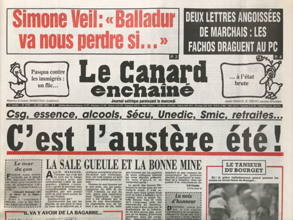 Couac ! | N° 3791 du Canard Enchaîné - 23 Juin 1993 | Nos Exemplaires du Canard Enchaîné sont archivés dans de bonnes conditions de conservation (obscurité, hygrométrie maitrisée et faible température), ce qui s'avère indispensable pour des journaux anciens. | 3791