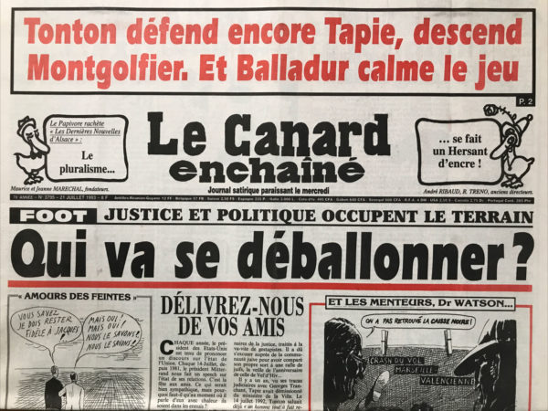 Couac ! | N° 3795 du Canard Enchaîné - 21 Juillet 1993 | Nos Exemplaires du Canard Enchaîné sont archivés dans de bonnes conditions de conservation (obscurité, hygrométrie maitrisée et faible température), ce qui s'avère indispensable pour des journaux anciens. | 3795