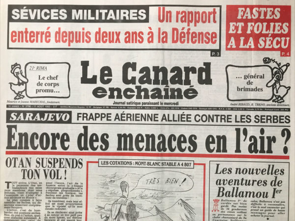 Couac ! | N° 3798 du Canard Enchaîné - 11 Août 1993 | Nos Exemplaires du Canard Enchaîné sont archivés dans de bonnes conditions de conservation (obscurité, hygrométrie maitrisée et faible température), ce qui s'avère indispensable pour des journaux anciens. | 3798