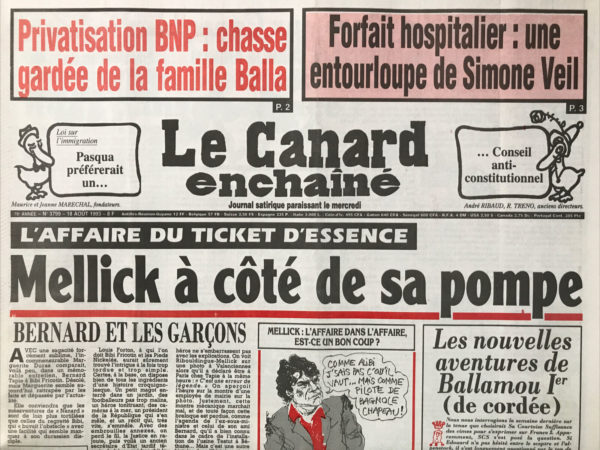 Couac ! | N° 3799 du Canard Enchaîné - 18 Août 1993 | Nos Exemplaires du Canard Enchaîné sont archivés dans de bonnes conditions de conservation (obscurité, hygrométrie maitrisée et faible température), ce qui s'avère indispensable pour des journaux anciens. | 3799