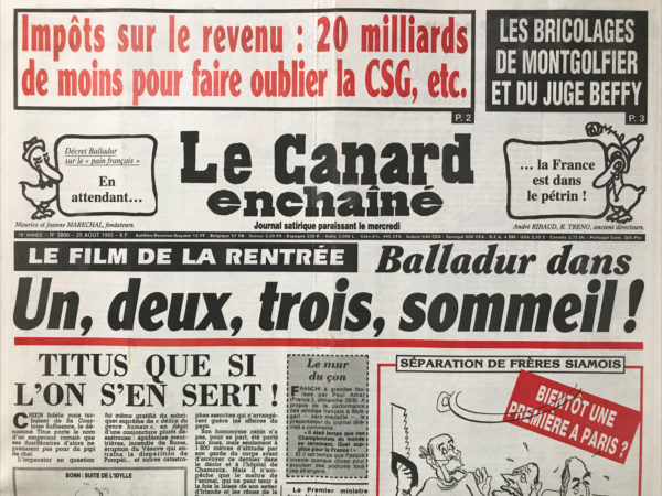 Couac ! | N° 3800 du Canard Enchaîné - 25 Août 1993 | Nos Exemplaires du Canard Enchaîné sont archivés dans de bonnes conditions de conservation (obscurité, hygrométrie maitrisée et faible température), ce qui s'avère indispensable pour des journaux anciens. | 3800