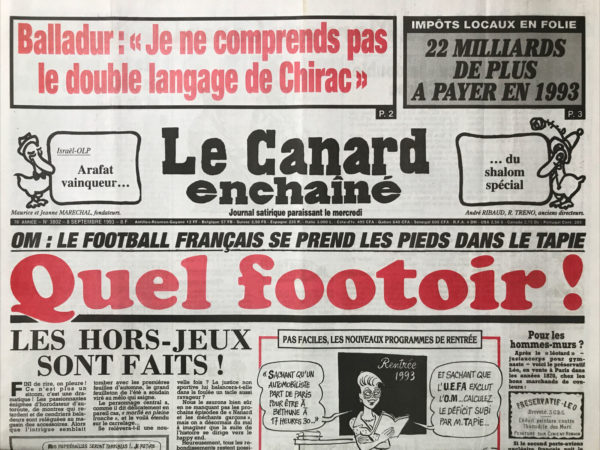 Couac ! | N° 3802 du Canard Enchaîné - 8 Septembre 1993 | Nos Exemplaires du Canard Enchaîné sont archivés dans de bonnes conditions de conservation (obscurité, hygrométrie maitrisée et faible température), ce qui s'avère indispensable pour des journaux anciens. | 3802