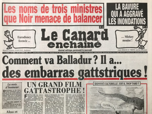 Couac ! | N° 3808 du Canard Enchaîné - 20 Octobre 1993 | Nos Exemplaires du Canard Enchaîné sont archivés dans de bonnes conditions de conservation (obscurité, hygrométrie maitrisée et faible température), ce qui s'avère indispensable pour des journaux anciens. | 3808