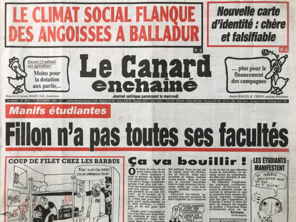 Couac ! | N° 3812 du Canard Enchaîné - 17 Novembre 1993 | Nos Exemplaires du Canard Enchaîné sont archivés dans de bonnes conditions de conservation (obscurité, hygrométrie maitrisée et faible température), ce qui s'avère indispensable pour des journaux anciens. | 3812