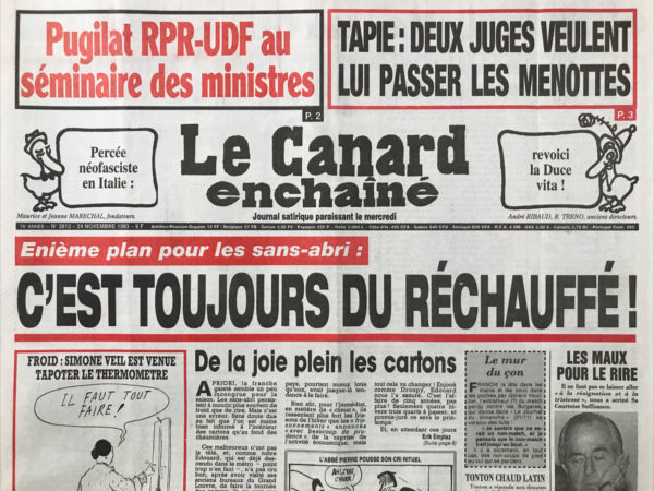 Couac ! | N° 3813 du Canard Enchaîné - 24 Novembre 1993 | Nos Exemplaires du Canard Enchaîné sont archivés dans de bonnes conditions de conservation (obscurité, hygrométrie maitrisée et faible température), ce qui s'avère indispensable pour des journaux anciens. | 3813