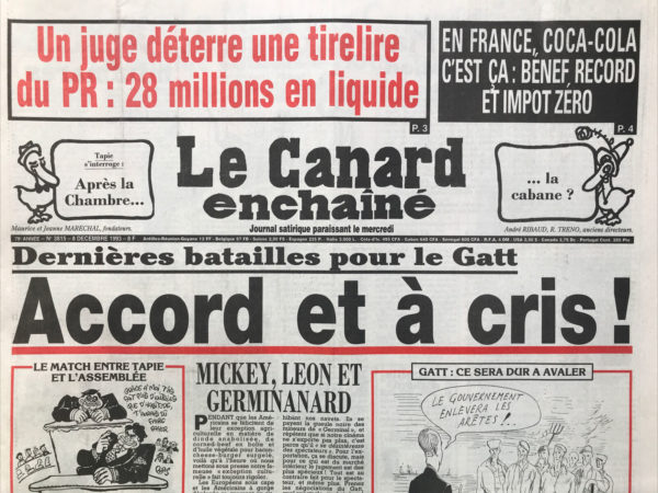 Couac ! | N° 3815 du Canard Enchaîné - 8 Décembre 1993 | Nos Exemplaires du Canard Enchaîné sont archivés dans de bonnes conditions de conservation (obscurité, hygrométrie maitrisée et faible température), ce qui s'avère indispensable pour des journaux anciens. | 3815