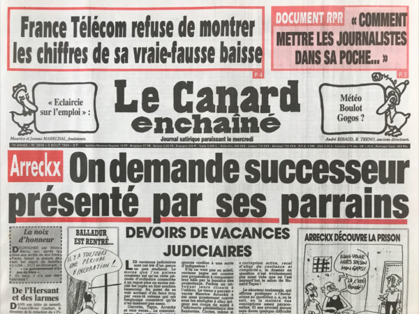 Couac ! | N° 3849 du Canard Enchaîné - 3 Août 1994 | Arreckx découvre la prison - Grand total pour Édouard -Toubon – Juppé - de sa prison d’Uruguay Jacques médecin a annoncé sa candidature aux municipales de Nice - Le maire de la Seyne-sur-Mer démissionne – duel  entre Bouygues et Bouygues pour le grand stade - Chaban devient garagiste à Bordeaux - les grands défis de l'été : Le Rwanda en pole position, La Serbie remonte, par Bernard Thomas – cinéma : Maverick (la main passe partout) -  Michel roussin - tapie parle de transformer le Phocéa en navire école - le cas Berlusconi - | 3849