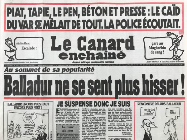 Couac ! | N° 3853 du Canard Enchaîné - 31 Août 1994 | Piat, Tapie, Le Pen, béton et presse : le caïd du Var se mêlait de tout. La police écoutait. Au sommet de sa popularité, Balladur ne se sent plus hisser !  Léotard avait peur d'aller au Rwanda - bombardements alliés sur nos commémorations - Bicou et Bicounet, les gros durs qui voulaient mettre la main sur le Var - depuis plus de 17 ans de grands patrons d’Alcatel escroquaient France Télécom - comment une filiale du crédit lyonnais gaspillait, tranquillement, quelques milliards d'argent public -Altus finances - plutonium en folie : holà, les ayatollahs !  Lady Di : l'après-midi d'un phone - | 3853