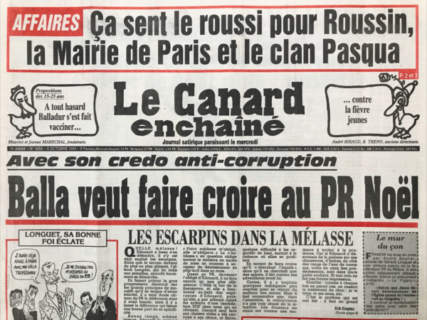 Couac ! | N° 3858 du Canard Enchaîné - 5 Octobre 1994 | cessons le roussi pour roussin, la mairie de Paris est le clan Pasqua- Avec son credo anticorruption, Balladur veut faire croire au PR Noël - Jean-Claude Méry : ce collecteur de fonds emprisonné que Chirac ne veut plus connaître - le juge teigneux angoisse aussi le clan Pasqua : hauts de Seine un office HLM serviable - comment Méhaignerie a flingué longuet -  Mitterrand et Juppé complices dans la guerre des ondes - Le Mondial de l'automobile je ne crois pas à la reprise Balladur – banlieues : quand la bataille du raï couve sous la guerre du voile - Jean Luc Delarue : le tachymètre à penser – cinéma : Forrest Gump (conte courant) - peut-on tutoyer les jeunes ? | 3858