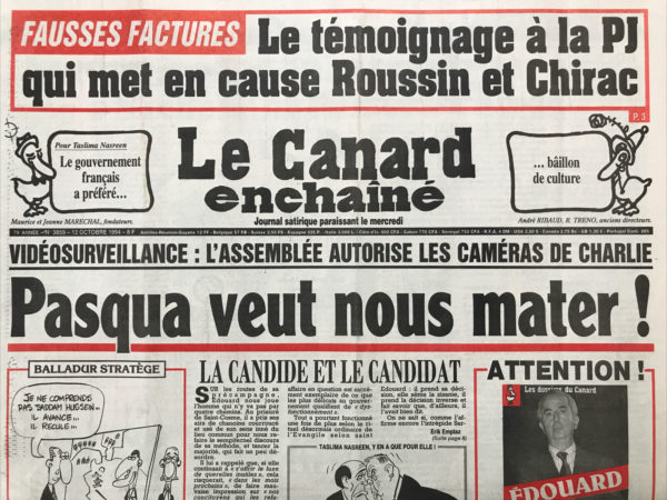 Couac ! | N° 3859 du Canard Enchaîné - 12 Octobre 1994 | Fausses factures : le témoignage à la PJ qui met en cause roussin et Chirac - Pasqua veut nous mater ! Haïti, Irak,etc. Clinton, c'est pas du bidoun ! Le dysfonctionnement de Simone Veil- Le PDG de la générale prend l'eau - le témoignage qui peut coûter cher à Michel roussin et à Chirac - le juge Van Ruymbeke torture les comptes en banque de ses victimes : Michel Mauer et Jean-Louis Beffa - Le Rwanda, ses martyrs, ses ruines et ses anglophones ne sont vraiment plus à la mode - Quand les paras français instruisaient l'armée hutue - Le crédit lyonnais a de grands dessins - grand stade : du fromage dans le gradin - Juppé : le candidat est candidat - | 3859