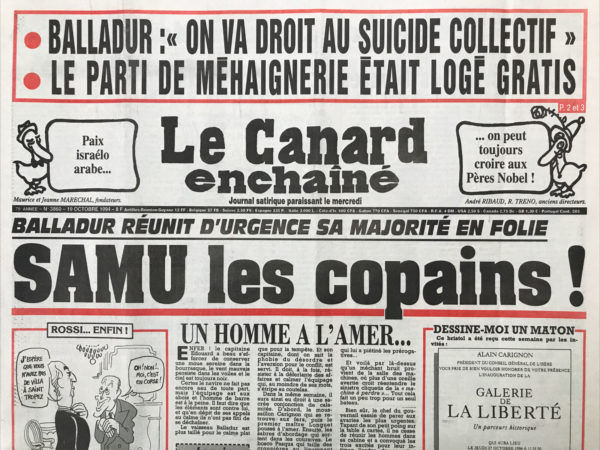 Couac ! | N° 3860 du Canard Enchaîné - 19 Octobre 1994 | Paix israélo-arabe… on peut toujours croire aux pères Nobel ! Western gouvernemental : les bidons, les brutes et les truands - Comme le PR, le parti de Méhaignerie est dans le bain pour son siège - pendant 2 ans, le promoteur Pellerin a offert des locaux aux centristes - comment Carignon mettait dans sa poche policiers, juges et journalistes - Le juge cherchait 2 milliards chez Alcatel -L'inspecteur Loiseau : un livre assassin pour la police des polices - Des prisons 3 étoiles pour ces Messieurs ! Philippe Séguin : le balaise en carton – Fac : de la course aux diplômes à la course aux chaises - | 3860