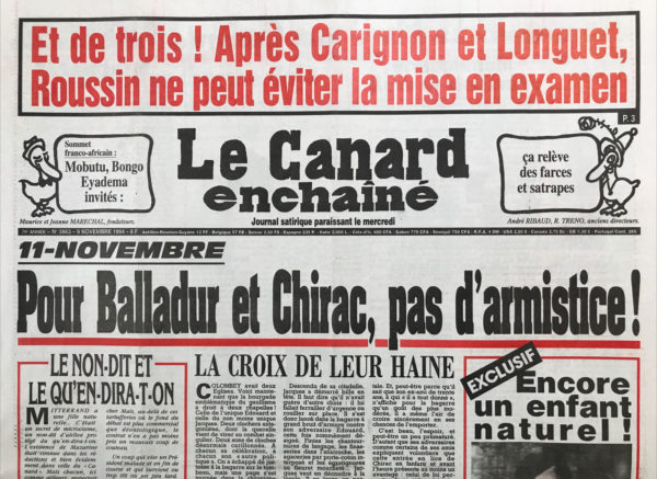 Couac ! | N° 3863 du Canard Enchaîné - 9 Novembre 1994 | Et de 3 ! Après Carignon et longuet, roussin ne peut éviter la mise en examen - 11 novembre : pour Balladur et Chirac, pas d'armistice ! La chasse à la Mazarine est ouverte - Messier ou le poulain révisé à la baisse - on cherche déjà un successeur à Michel roussin : Les enquêteurs tombent sur un filon de 20 milliards de travaux publics - Alain cellier, le banquier ami de longuet, qui ne veut pas dire d'où lui sont tombés 30 millions - les pétroliers accusés d'escroquer leurs pompistes – BP : Quand l'état crache sur 96 millions - Le désastre de l'informatique hospitalière devait être caché à Simone Veil - Reagan annonce sa maladie : mais rassurez-vous Alzheimer n'étaient pas communiste ! Cinéma : la séparation (coups pour couple) - bienvenue à Jacques Médecin ! | 3863