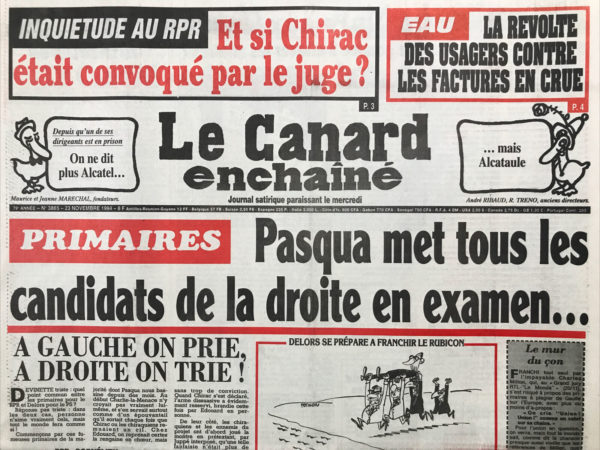 Couac ! | N° 3865 du Canard Enchaîné - 23 Novembre 1994 | Primaires : Pasqua met tous les candidats de la droite en examen… Le canard a découvert la cassette du RPR : c'est le surnom de Louise-Yvonne Casetta, directeur financier adjoint du parti. La cassette faisait la navette entre la mairie de Paris et les faux facturiers - l'état-major inquiet pour Chirac - le lieutenant de Pierre Suard victime du réveil tardif de France Télécom - le crédit lyonnais a longtemps géré les affaires de Tapie, et n'a pas oublié de se servir au passage : 55 millions pour un conseil - Quand l'eau arrose les partis, les usagers trinquent -la police de Pasqua passe à la question et les CRS d'Amiens - Conférence anti-mafia à Naples, L'ONU lave plus blanc - Jean Gandois : une carrure de démanager - Authon en emporte le vent - | 3865