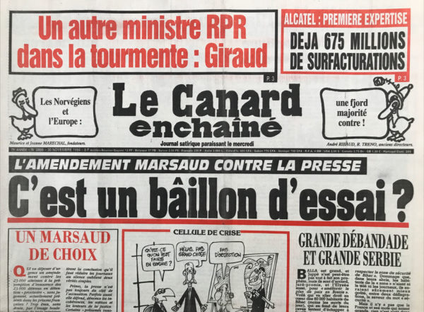 Couac ! | N° 3866 du Canard Enchaîné - 30 Novembre 1994 | L'amendement Marsaud contre la presse : c'est un bâillon d'essai ? Le ballet des faux jetons autour de l'amendement Marsaud : La levée de boucliers, dans la presse, leur a fait mesurer l'étendue de la gaffe - Michel Giraud : un nouveau ministre à découvert - Les médicaments périmés finissent souvent dans la poubelle du tiers monde - faux billets et argent de la drogue chez Mobutu - Quand les ministres se défilent, les proviseurs défilent -Nagui : bouffon à tous les râteliers - Calvet et Marsaud dans la même « ouature » -ONU impuissante : on ne peut plus se battre contre les Serbes, ils sont armés - | 3866