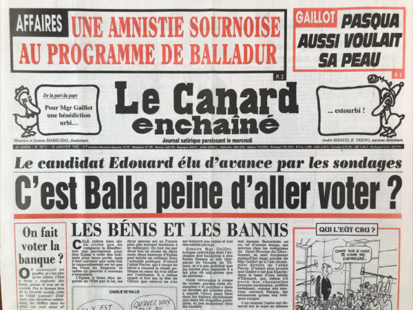 Couac ! | N° 3873 du Canard Enchaîné - 18 Janvier 1995 | Nos Exemplaires du Canard Enchaîné sont archivés dans de bonnes conditions de conservation (obscurité, hygrométrie maitrisée et faible température), ce qui s'avère indispensable pour des journaux anciens. | 3873