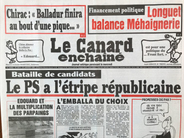 Couac ! | N° 3874 du Canard Enchaîné - 25 Janvier 1995 | Nos Exemplaires du Canard Enchaîné sont archivés dans de bonnes conditions de conservation (obscurité, hygrométrie maitrisée et faible température), ce qui s'avère indispensable pour des journaux anciens. | 3874