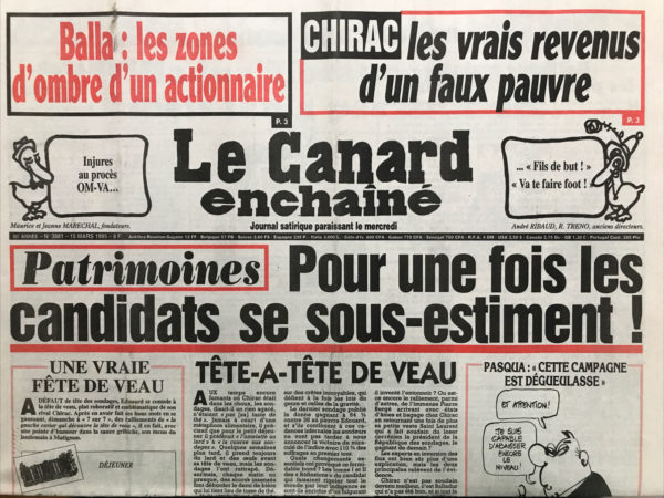 Couac ! | N° 3881 du Canard Enchaîné - 15 Mars 1995 | Nos Exemplaires du Canard Enchaîné sont archivés dans de bonnes conditions de conservation (obscurité, hygrométrie maitrisée et faible température), ce qui s'avère indispensable pour des journaux anciens. | 3881