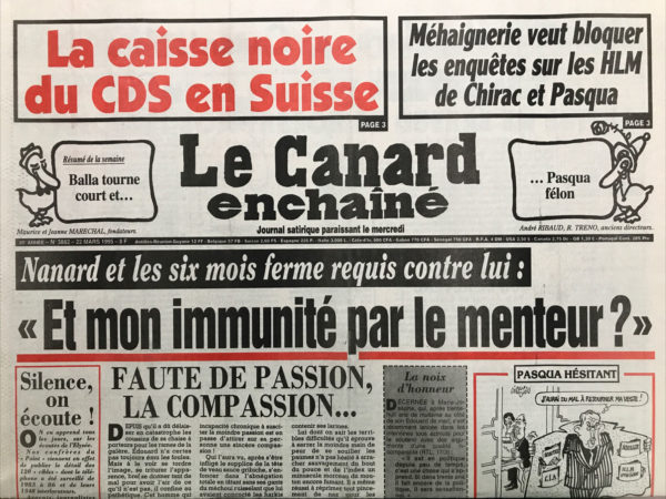 Couac ! | N° 3882 du Canard Enchaîné - 22 Mars 1995 | Nos Exemplaires du Canard Enchaîné sont archivés dans de bonnes conditions de conservation (obscurité, hygrométrie maitrisée et faible température), ce qui s'avère indispensable pour des journaux anciens. | 3882