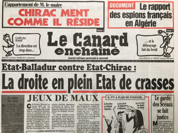 Couac ! | N° 3884 du Canard Enchaîné - 5 Avril 1995 | Nos Exemplaires du Canard Enchaîné sont archivés dans de bonnes conditions de conservation (obscurité, hygrométrie maitrisée et faible température), ce qui s'avère indispensable pour des journaux anciens. | 3884