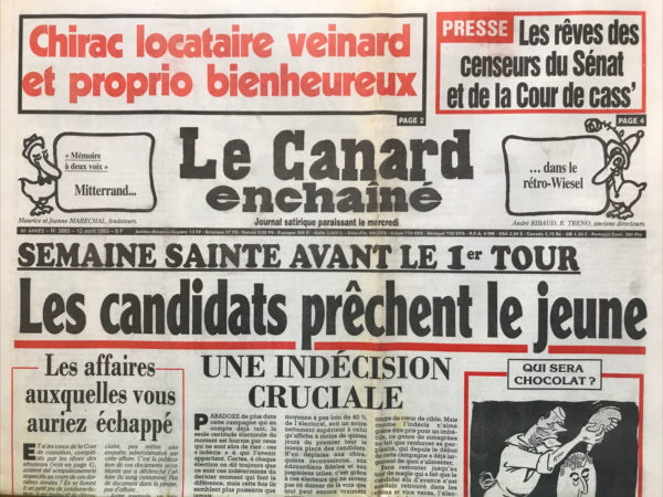 Couac ! | N° 3885 du Canard Enchaîné - 12 Avril 1995 | Nos Exemplaires du Canard Enchaîné sont archivés dans de bonnes conditions de conservation (obscurité, hygrométrie maitrisée et faible température), ce qui s'avère indispensable pour des journaux anciens. | 3885