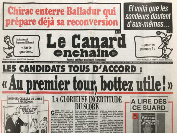 Couac ! | N° 3886 du Canard Enchaîné - 19 Avril 1995 | Nos Exemplaires du Canard Enchaîné sont archivés dans de bonnes conditions de conservation (obscurité, hygrométrie maitrisée et faible température), ce qui s'avère indispensable pour des journaux anciens. | 3886