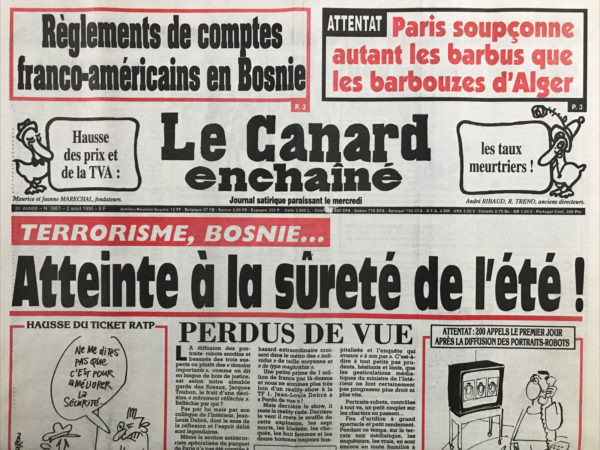 Couac ! | N° 3901 du Canard Enchaîné - 2 Août 1995 | Nos Exemplaires du Canard Enchaîné sont archivés dans de bonnes conditions de conservation (obscurité, hygrométrie maitrisée et faible température), ce qui s'avère indispensable pour des journaux anciens. | 3901