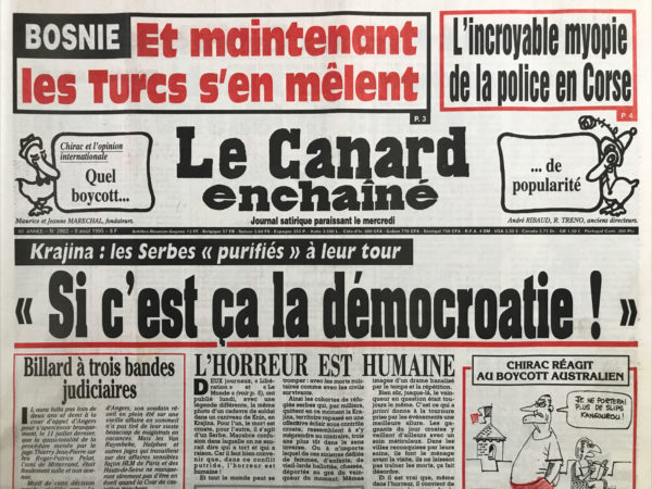 Couac ! | N° 3902 du Canard Enchaîné - 9 Août 1995 | Nos Exemplaires du Canard Enchaîné sont archivés dans de bonnes conditions de conservation (obscurité, hygrométrie maitrisée et faible température), ce qui s'avère indispensable pour des journaux anciens. | 3902