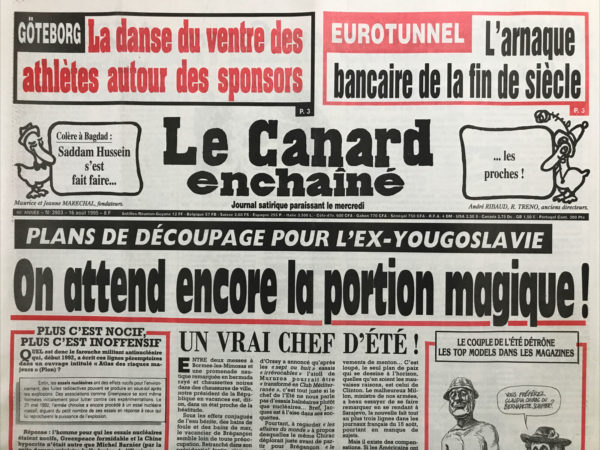 Couac ! | N° 3903 du Canard Enchaîné - 16 Août 1995 | Nos Exemplaires du Canard Enchaîné sont archivés dans de bonnes conditions de conservation (obscurité, hygrométrie maitrisée et faible température), ce qui s'avère indispensable pour des journaux anciens. | 3903