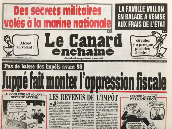 Couac ! | N° 3908 du Canard Enchaîné - 20 Septembre 1995 | Nos Exemplaires du Canard Enchaîné sont archivés dans de bonnes conditions de conservation (obscurité, hygrométrie maitrisée et faible température), ce qui s'avère indispensable pour des journaux anciens. | 3908