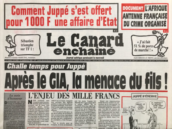 Couac ! | N° 3909 du Canard Enchaîné - 27 Septembre 1995 | Nos Exemplaires du Canard Enchaîné sont archivés dans de bonnes conditions de conservation (obscurité, hygrométrie maitrisée et faible température), ce qui s'avère indispensable pour des journaux anciens. | 3909