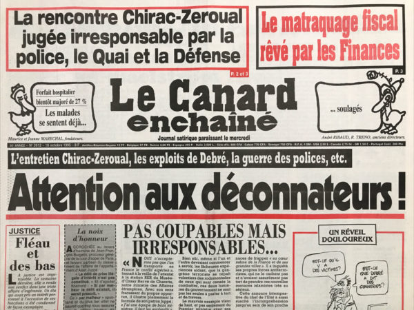 Couac ! | N° 3912 du Canard Enchaîné - 18 Octobre 1995 | Nos Exemplaires du Canard Enchaîné sont archivés dans de bonnes conditions de conservation (obscurité, hygrométrie maitrisée et faible température), ce qui s'avère indispensable pour des journaux anciens. | 3912