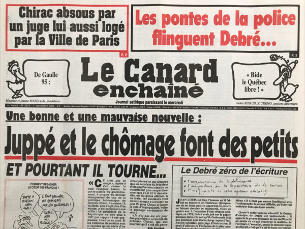 Couac ! | N° 3914 du Canard Enchaîné - 1 Novembre 1995 | Nos Exemplaires du Canard Enchaîné sont archivés dans de bonnes conditions de conservation (obscurité, hygrométrie maitrisée et faible température), ce qui s'avère indispensable pour des journaux anciens. | 3914