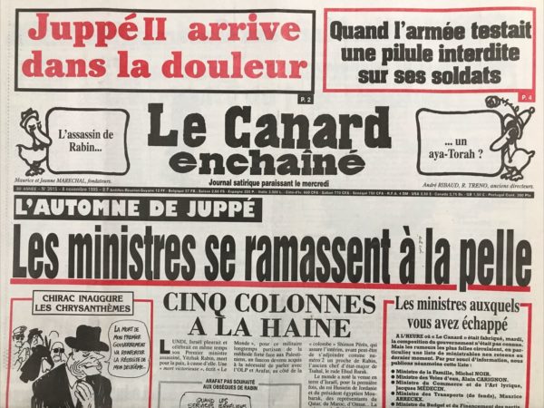 Couac ! | N° 3915 du Canard Enchaîné - 8 Novembre 1995 | Nos Exemplaires du Canard Enchaîné sont archivés dans de bonnes conditions de conservation (obscurité, hygrométrie maitrisée et faible température), ce qui s'avère indispensable pour des journaux anciens. | 3915