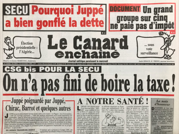 Couac ! | N° 3916 du Canard Enchaîné - 15 Novembre 1995 | Nos Exemplaires du Canard Enchaîné sont archivés dans de bonnes conditions de conservation (obscurité, hygrométrie maitrisée et faible température), ce qui s'avère indispensable pour des journaux anciens. | 3916