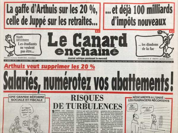 Couac ! | N° 3917 du Canard Enchaîné - 22 Novembre 1995 | Nos Exemplaires du Canard Enchaîné sont archivés dans de bonnes conditions de conservation (obscurité, hygrométrie maitrisée et faible température), ce qui s'avère indispensable pour des journaux anciens. | 3917