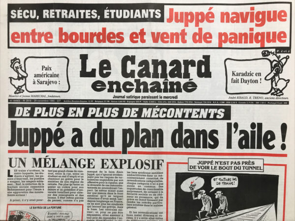 Couac ! | N° 3918 du Canard Enchaîné - 29 Novembre 1995 | Nos Exemplaires du Canard Enchaîné sont archivés dans de bonnes conditions de conservation (obscurité, hygrométrie maitrisée et faible température), ce qui s'avère indispensable pour des journaux anciens. | 3918