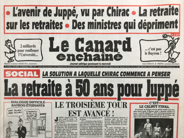 Couac ! | N° 3919 du Canard Enchaîné - 6 Décembre 1995 | Nos Exemplaires du Canard Enchaîné sont archivés dans de bonnes conditions de conservation (obscurité, hygrométrie maitrisée et faible température), ce qui s'avère indispensable pour des journaux anciens. | 3919