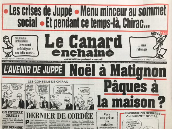 Couac ! | N° 3921 du Canard Enchaîné - 20 Décembre 1995 | Nos Exemplaires du Canard Enchaîné sont archivés dans de bonnes conditions de conservation (obscurité, hygrométrie maitrisée et faible température), ce qui s'avère indispensable pour des journaux anciens. | 3921