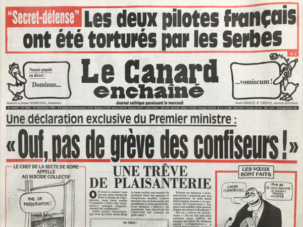 Couac ! | N° 3922 du Canard Enchaîné - 27 Décembre 1995 | Nos Exemplaires du Canard Enchaîné sont archivés dans de bonnes conditions de conservation (obscurité, hygrométrie maitrisée et faible température), ce qui s'avère indispensable pour des journaux anciens. | 3922