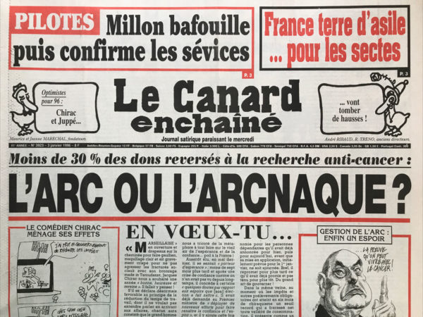 Couac ! | N° 3923 du Canard Enchaîné - 3 Janvier 1996 | Nos Exemplaires du Canard Enchaîné sont archivés dans de bonnes conditions de conservation (obscurité, hygrométrie maitrisée et faible température), ce qui s'avère indispensable pour des journaux anciens. | 3923