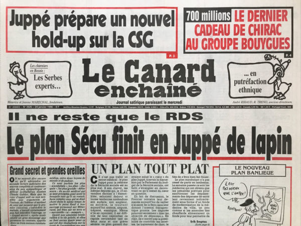 Couac ! | N° 3926 du Canard Enchaîné - 24 Janvier 1996 | Nos Exemplaires du Canard Enchaîné sont archivés dans de bonnes conditions de conservation (obscurité, hygrométrie maitrisée et faible température), ce qui s'avère indispensable pour des journaux anciens. | 3926