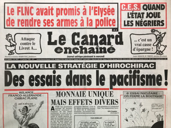 Couac ! | N° 3927 du Canard Enchaîné - 31 Janvier 1996 | Nos Exemplaires du Canard Enchaîné sont archivés dans de bonnes conditions de conservation (obscurité, hygrométrie maitrisée et faible température), ce qui s'avère indispensable pour des journaux anciens. | 3927