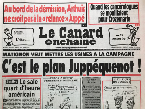 Couac ! | N° 3928 du Canard Enchaîné - 7 Février 1996 | Nos Exemplaires du Canard Enchaîné sont archivés dans de bonnes conditions de conservation (obscurité, hygrométrie maitrisée et faible température), ce qui s'avère indispensable pour des journaux anciens. | 3928