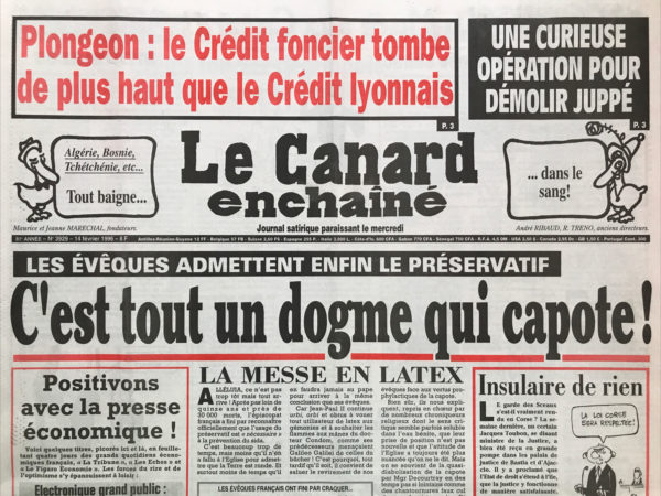 Couac ! | N° 3929 du Canard Enchaîné - 14 Février 1996 | Nos Exemplaires du Canard Enchaîné sont archivés dans de bonnes conditions de conservation (obscurité, hygrométrie maitrisée et faible température), ce qui s'avère indispensable pour des journaux anciens. | 3929