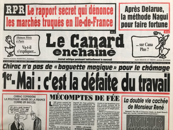 Couac ! | N° 3940 du Canard Enchaîné - 30 Avril 1996 | Nos Exemplaires du Canard Enchaîné sont archivés dans de bonnes conditions de conservation (obscurité, hygrométrie maitrisée et faible température), ce qui s'avère indispensable pour des journaux anciens. | 3940